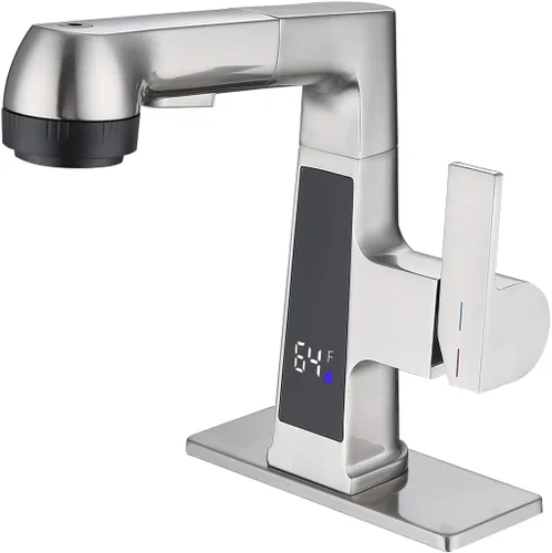 Grifo de Baño LED con Grifo de Salida Extraíble, Grifo de Fregadero de Níquel Cepillado con Pantalla Digital de Temperatura, Grifo de 5 Modos de