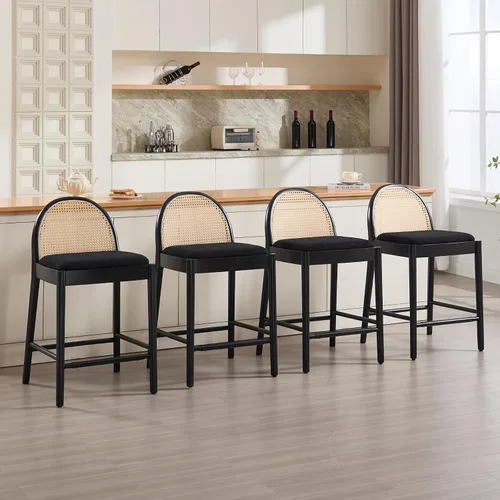 Miniatura 16 de HEAH-YO Taburetes de bar de ratán, juego de 2, taburetes de barra de 26 pulgadas de altura de mostrador con respaldos de ratán y patas de madera