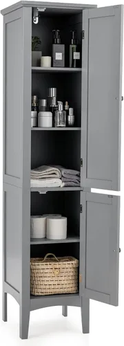 Miniatura 9 de LOKO Armario alto para baño, armario de almacenamiento multifuncional con puertas, torre estrecha de lino delgada para baño, sala de estar o cocina