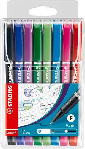 STABILO - SENSOR fine - Delineador fino con punta F acolchada - Pack de 8 - Colores surtidos