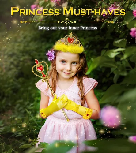 Miniatura 6 de Accesorios de disfraz de princesa, guantes de princesa, BIBUTY 7 piezas para niñas pequeñas con corona de princesa, varita, guantes, collar, aretes
