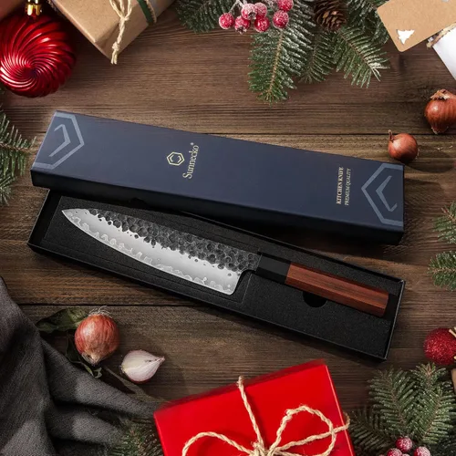 Miniatura 6 de Sunnecko Cuchillo de chef japonés de 8 pulgadas, cuchillo de cocina afilado, cuchillo de chefs de acero al carbono, 3 capas, 9CR18MOV, caja