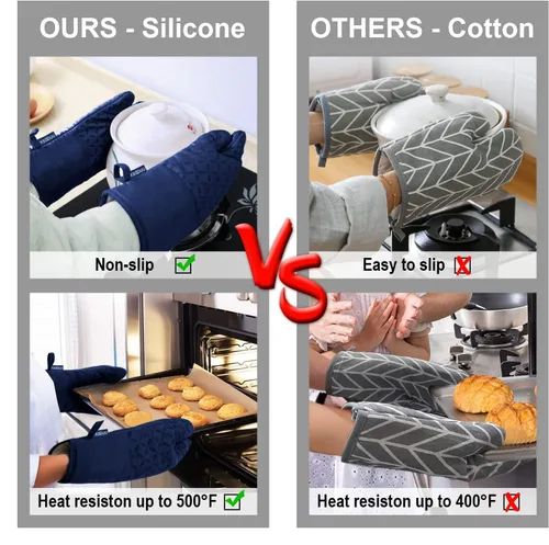 Miniatura 5 de KEGOUU Juego de 6 manoplas para horno y soportes para ollas, guantes para horno de cocina, resistentes al calor, 500 grados, extra largos