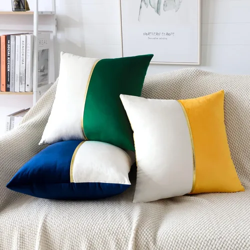 Miniatura 8 de OTOSTAR Fundas de almohada de terciopelo amarillo y blanco con retazo de cuero dorado, lujosas, modernas, minimalistas, cuadradas, para sala