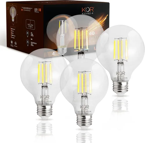 KOR Paquete de 4 bombillas LED globo G25 transparentes de 4.5 W (equivalente a 40 W), 2700 K, blanco cálido, filamento regulable, globo LED vintage,