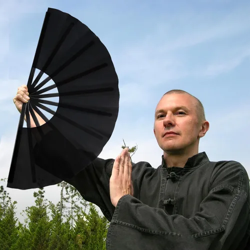 Miniatura 5 de Lawei Paquete de 8 ventiladores de mano plegables grandes de 13 pulgadas, abanicos de mano con marco de plástico negro con tela de nailon, fanáticos