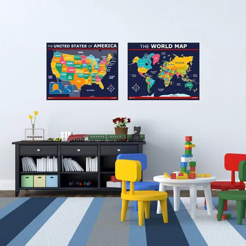 Miniatura 12 de Póster de mapa de Estados Unidos y del mundo 2 unidades para niños laminado azul (actualizado fijo V2.0) Young N Refined (18x24)
