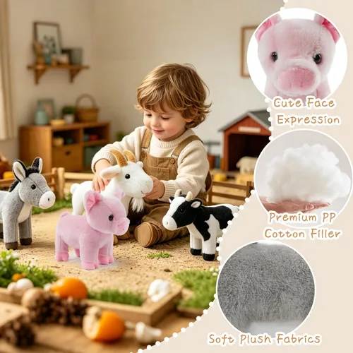 Miniatura 3 de Juego de 4 animales de peluche de granja de 8 pulgadas – cerdo, cabra, vaca y burro, juguetes ultrasuaves y lavables para niños, adorable decoración