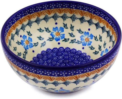 Auténtico cuenco de cerámica polaca de 6 pulgadas en diseño de aciano azul, hecho a mano en Bolesławiec Polonia por Ceramika Bona + certificado de