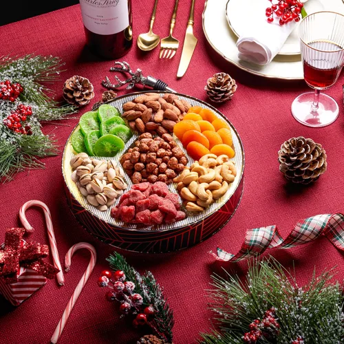 Miniatura 3 de Oh! Nuts Canasta de regalo de frutas secas y nueces de 7 secciones - Canastas de regalo de frutas y nueces gourmet surtidas - Caja redonda de metal
