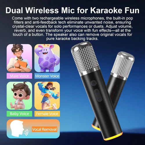 Miniatura 5 de Altavoz portátil de karaoke Bluetooth con 2 micrófonos inalámbricos, luces RGB, ajuste de agudos y graves, efectos de voz, entrada Negro