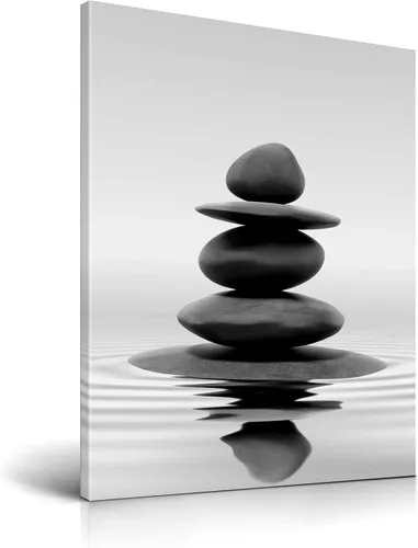 HesenDot Arte de pared con piedras zen en blanco y negro, impresión en lienzo de rocas equilibradas de 12 x 16 pulgadas, póster estético relajante,