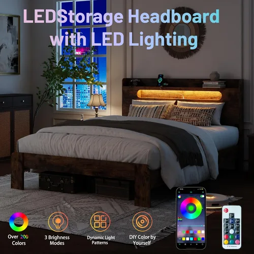 Miniatura 6 de Base de cama tamaño matrimonial con cabecera de almacenamiento, base de cama de plataforma con estación de carga y luces LED, listones de madera