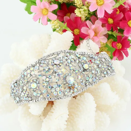 Miniatura 4 de EVER FAITH Art Deco Wave Bracelet for Women Girl Iridescent Clear AB Austrian Crystal Silver-Tone
