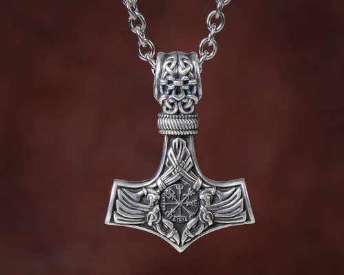 Miniatura 133 de Viking Thors Hammer Necklace Pendant - Vegvisir Aegishjalmur Helm of Awe Raven Huginn Muninn Pendant Necklace Amulet Talisman - Thor Necklace