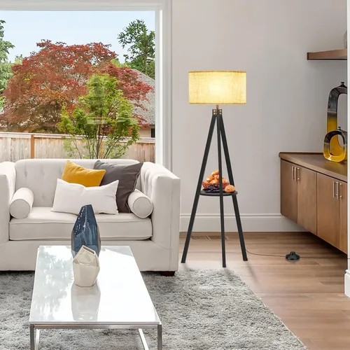 Miniatura 6 de LEPOWER Lámpara de pie de trípode, lámpara de pie de madera de mediados de siglo, lámpara de pie con estante de diseño moderno para sala de estar