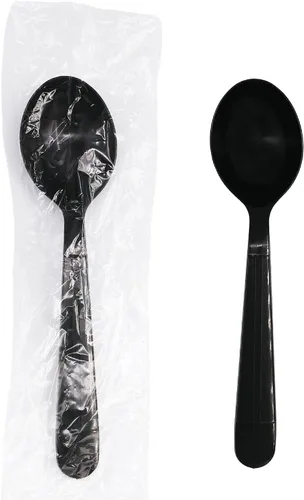 Party Essentials Juegos de utensilios de plástico negro envueltos individualmente/paquetes de cubiertos resistentes, cuchara de sopa, 100 juegos