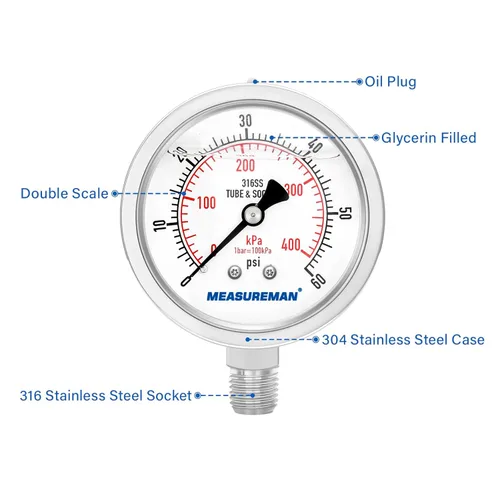 Miniatura 3 de MEASUREMAN - Medidor de presión hidráulico lleno de glicerina totalmente de acero inoxidable, tamaño de esfera de 2 – 1/2 pulgadas, montaje inferior