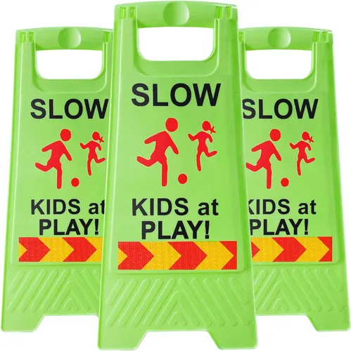 Letreros de "Slow Kids at Play" para calle, texto de doble cara y gráficos con cinta reflectante, letrero de seguridad para niños en juego para Verde