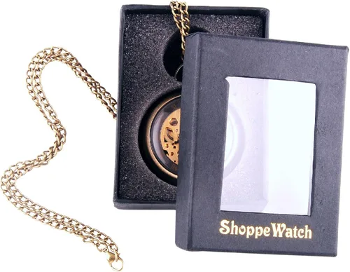 Miniatura 5 de ShoppeWatch Reloj de bolsillo mecánico de viento de mano estilo steampunk de cara abierta con cadena - PW12, Mecánico