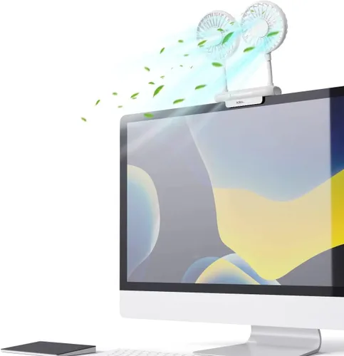Miniatura 7 de Ventilador de monitor con 2 cabezales giratorios, 3 velocidades, abrazadera resistente, ventilador de refrigeración alimentado por USB para Blanco