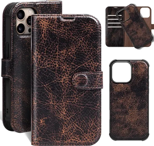 Miniatura 48 de Funda de cuero compatible con iPhone 16 Pro Max Cartera 6.9", cuero genuino 2 en 1, magnética, desmontable, a prueba de golpes, funda tipo folio
