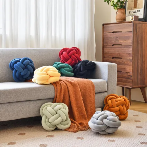 Miniatura 5 de Xuyier Bola de almohada de nudo, almohadas decorativas con tela de terciopelo para sofá cama, decoración de 12 pulgadas, cojines cuadrados anudados