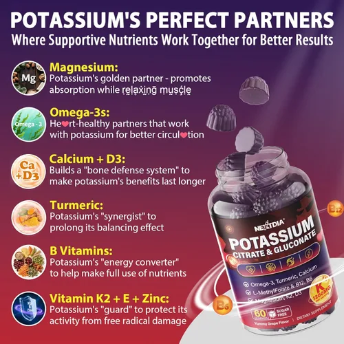 Miniatura 5 de Suplemento de citrato de potasio y gluconato de potasio, 1200mg Dos formas de gomitas de potasio, con magnesio, Omega-3, calcio, vitamina D3 K2 B12