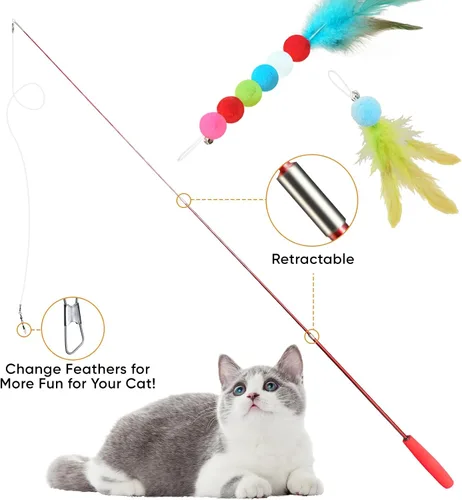 Miniatura 2 de Juguetes para Gatos de Interior, 11 Paquetes Juego de Varita Interactiva para Gatos con Juguetes de Plumas y Recambios de Cinta, Varita Retráctil
