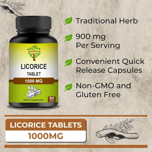 Miniatura 5 de Tabletas de regaliz 90 comprimidos, 1000 mg Suministro de 45 días Suplementos veganos Regaliz 100% natural Regaliz de India