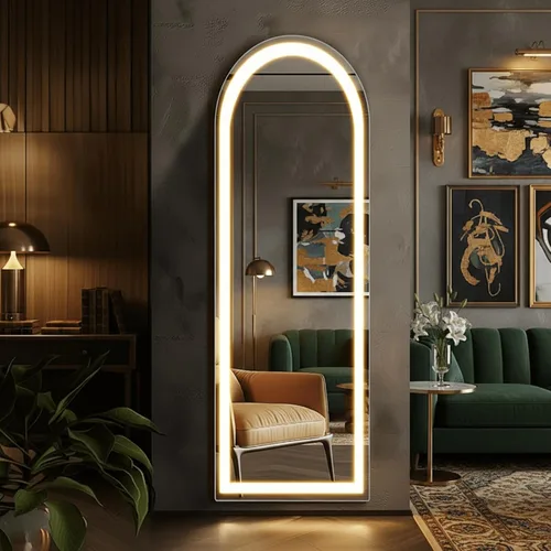 Miniatura 16 de Espejo arqueado de cuerpo entero con luces LED, espejo de piso de 60"x16" con soporte, espejos corporales de piso con atenuación e iluminación de 3