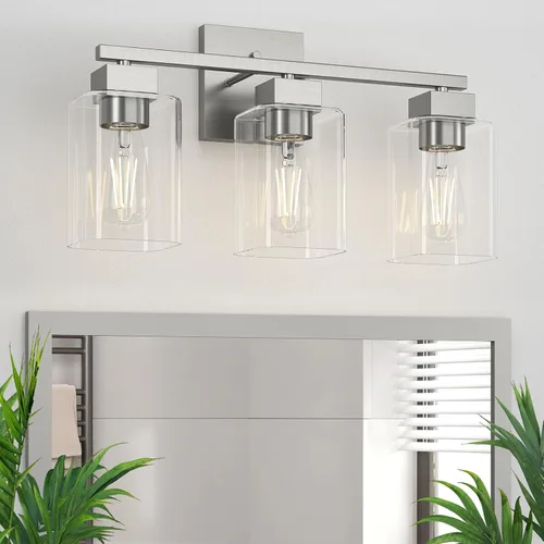 Lámpara de tocador de baño de níquel cepillado, diseño cuadrado de 3 luces, certificación UL y luces cuadradas para baño sobre el espejo