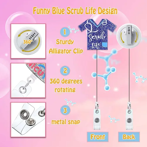 Miniatura 2 de Scrub Life - Soporte para carrete de insignia, azul marino, retráctil, para enfermeras, lindo y divertido clip para insignia, RN LVN LPN CNA