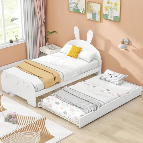 Miniatura 11 de Cama de plataforma de madera de tamaño individual con cabecero y estribo en forma de oso, sin ruido, para niños, adolescentes, niños y niñas,