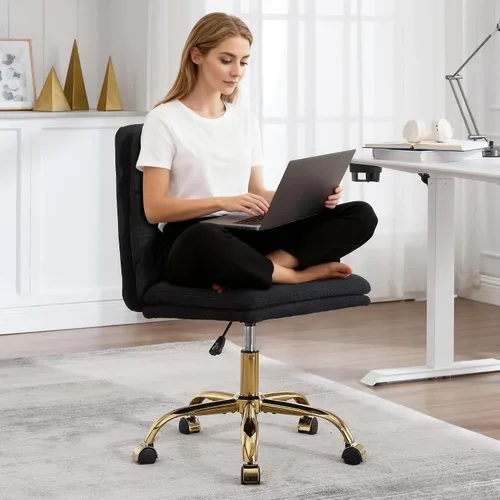 Miniatura 10 de Silla de oficina en casa sin brazos de tela, moderna silla de escritorio ergonómica con respaldo alto con ruedas, silla giratoria de altura