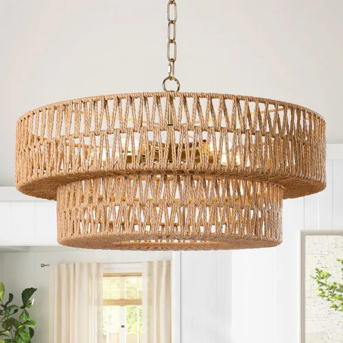 Miniatura 11 de LamQee Candelabros de Ratán Estilo Granja de 22 Pulgadas, Lámpara de Araña Boho de 5 Luces con Pantalla de Mimbre Tejida a Mano, Luces Colgantes