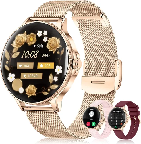 Miniatura 10 de Reloj inteligente para mujer, 1.19 pulgadas, pantalla táctil AMOLED, reloj de fitness (llamadas/notificaciones), 3 correas, monitor de frecuencia