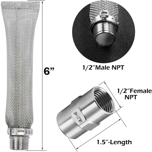 Miniatura 2 de Pantalla de ebullición de pantalla Bazooka de 6 pulgadas (1/2 pulgada NPT) con accesorio de tubería (1/2 x 1/2 pulgada NPT hembra), tubo de filtro
