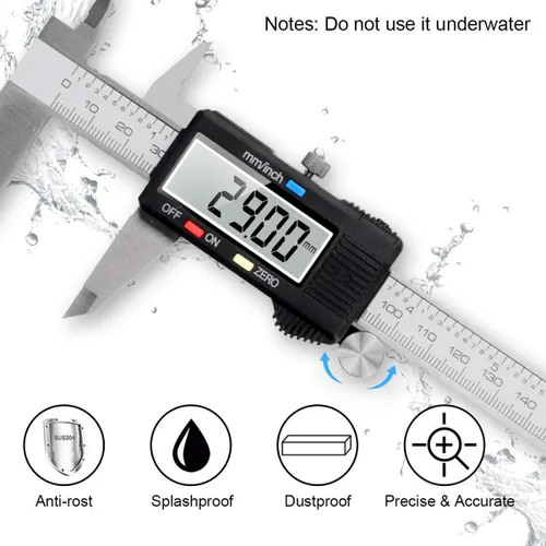 Miniatura 5 de Herramienta de medición de calibre, Qfun calibre digital de vernier de acero inoxidable de 6 pulgadas/150 mm, micrómetro digital impermeable, fácil
