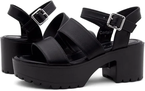Miniatura 5 de Herstyle Sandalias de tacón de bloque para mujer, puntera abierta, dos bandas, suela de lengüeta de moda, zapatos de tacón de plataforma con correa