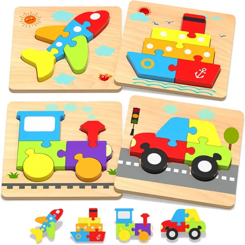Yetonamr - Rompecabezas de madera para niños pequeños, juguetes educativos Montessori para niños y niñas, 4 juguetes de forma de vehículo, bloques