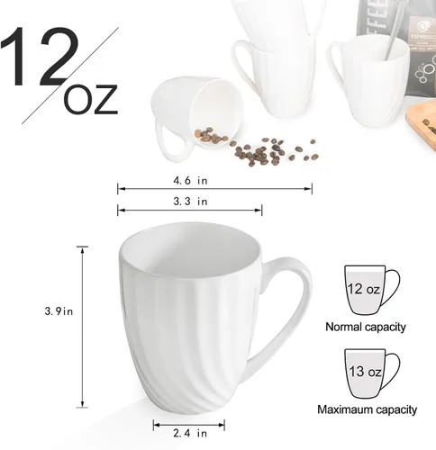 Miniatura 2 de Juego de 2 tazas de café blancas de porcelana fina (12 onzas), tazas de té de cerámica con patrón en espiral, tazas de café finas de China, tazas