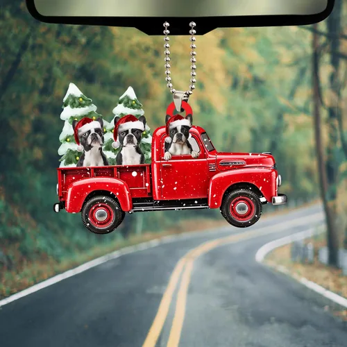 Miniatura 5 de Talataca Boston Terrier con camión rojo de Navidad, árbol de pino, regalo 2D plano para espejo retrovisor, accesorios para el árbol de Navidad