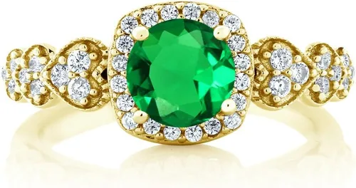 Miniatura 3 de Gem Stone King Anillo de compromiso chapado en oro amarillo de 18 quilates con esmeralda simulada para mujer