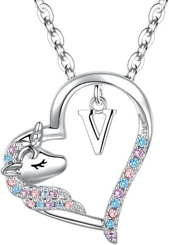 Miniatura 17 de Anoup Collar con inicial de unicornio, chapado en oro de 14 quilates, hipoalergénico con circonita cúbica, colgante de diamante simulado, joyería