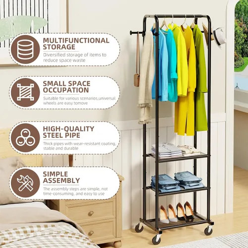 Miniatura 5 de Ekisemio Perchero de ropa resistente con ruedas, moderno perchero con 3 estantes de metal, color negro