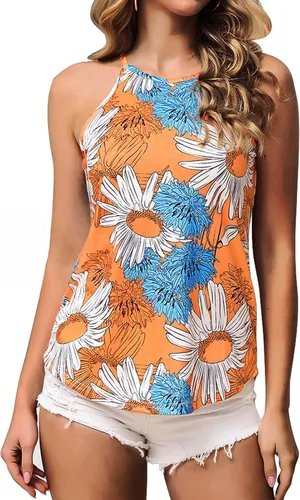 Sherosa - Camiseta casual con escote halter para mujer, camiseta sin mangas con estampado floral y tirantes delgados