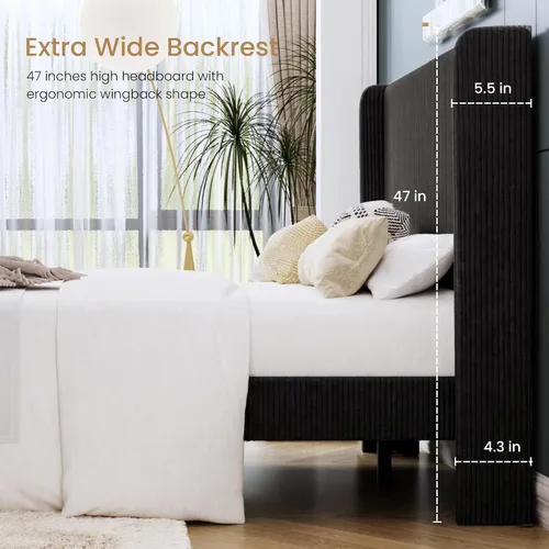 Miniatura 5 de SHA CERLIN - Base de cama tamaño Full tapizada en pana con plataforma y cabecera acolchada con diseño acanalado vertical estilo wingback, 8
