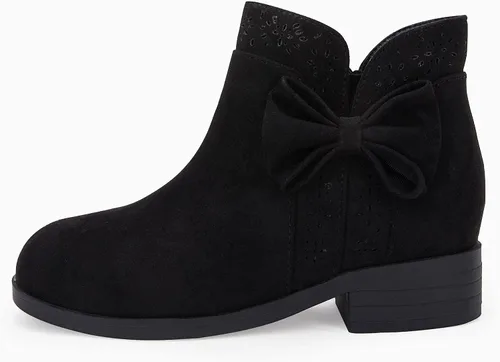 Miniatura 4 de Botas de tobillo con nudo de lazo para niñas y niños, gamuza sintética, corte en V, tacón bajo apilado, cremallera lateral, zapatos Chelsea