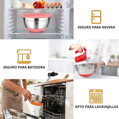 Miniatura 5 de CHAREADA Tazones de mezcla con tapas herméticas, juego de 18 cuencos de acero inoxidable para mezclar anidación, parte inferior de silicona Colorido